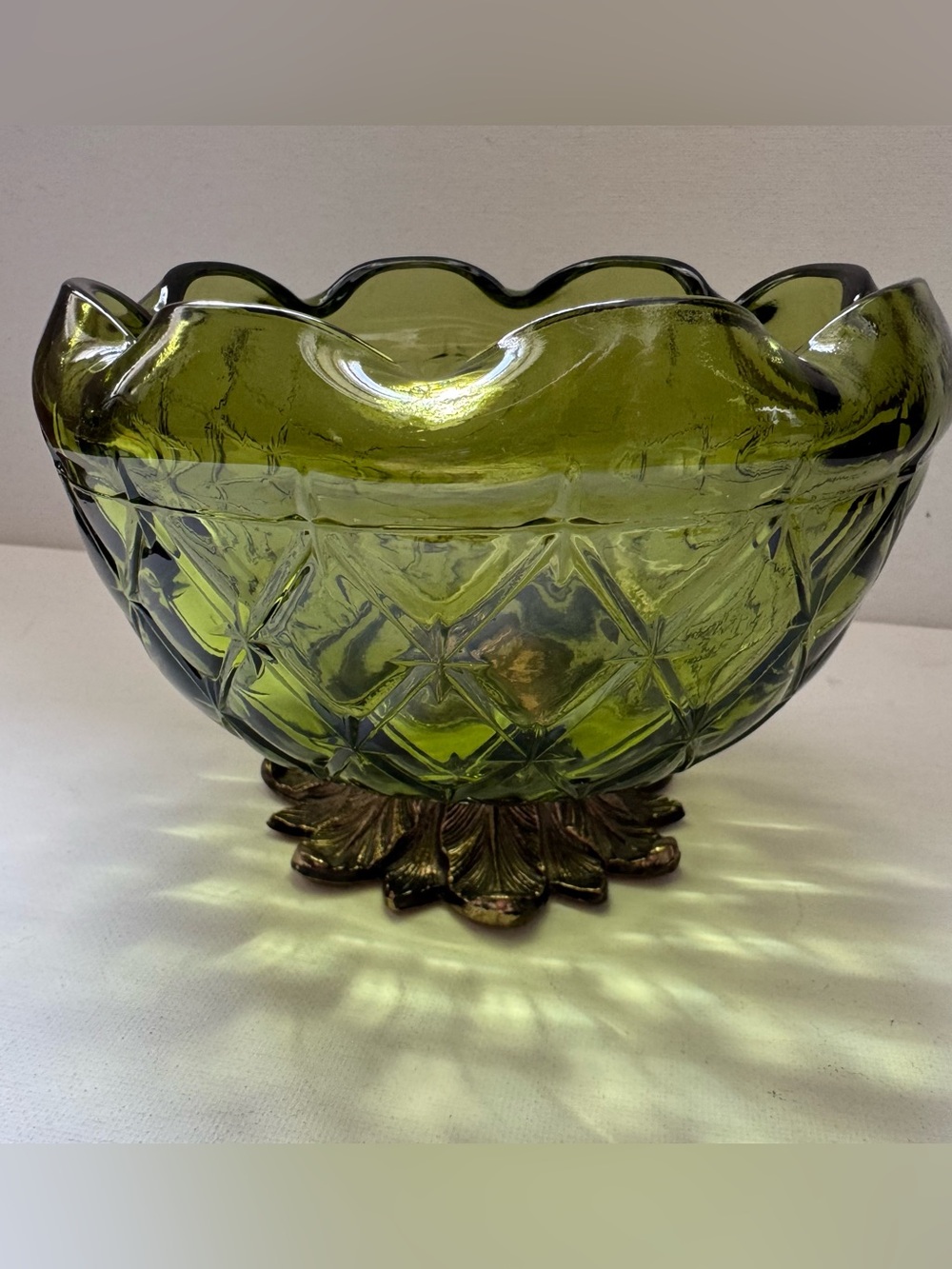 Vintage Indiana Glass Olive Green Diamond Pattern Decorative Bowl